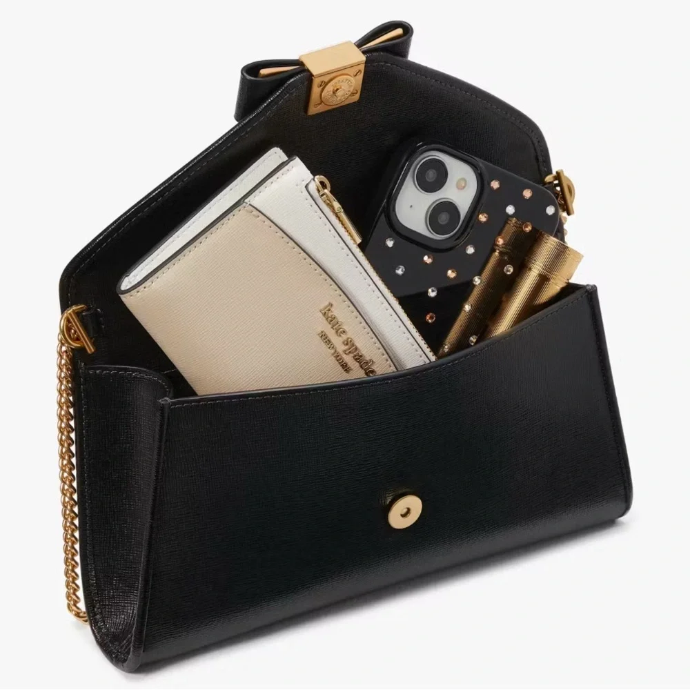Kate Spade Black Morgan Bow Crossbody with Gold Chain & matching Cardholder